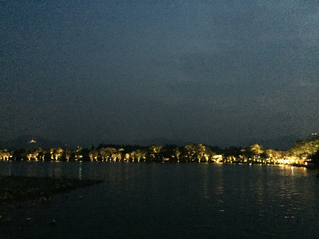 晚上亮灯的西湖